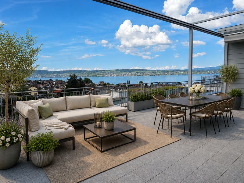 Möblierte Visualisierung der effektiven Terrasse mit Seesicht (Nord-West)