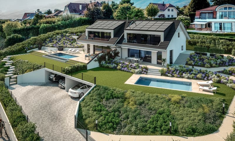 Detached house, two cars in garage, garden with pool, solar panels