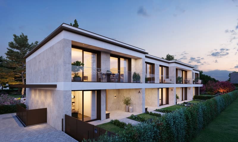 3 story house, white stone, glass windows, balconies, garden, 3 entrances
