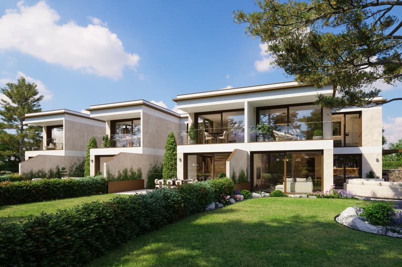 two-story house, beige exterior, large glass windows, glass balcony, garden, patio with sofa and chairs