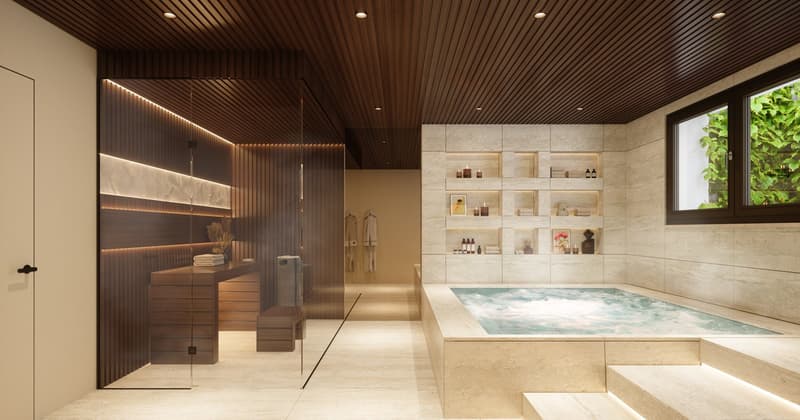 Jacuzzi, marble flooring, marble walls, wooden desk, towel rack, shelves with products