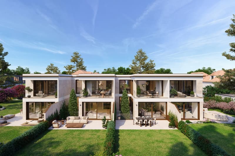 Modern two-story townhouse, terrace, garden, open-plan living area, dining table