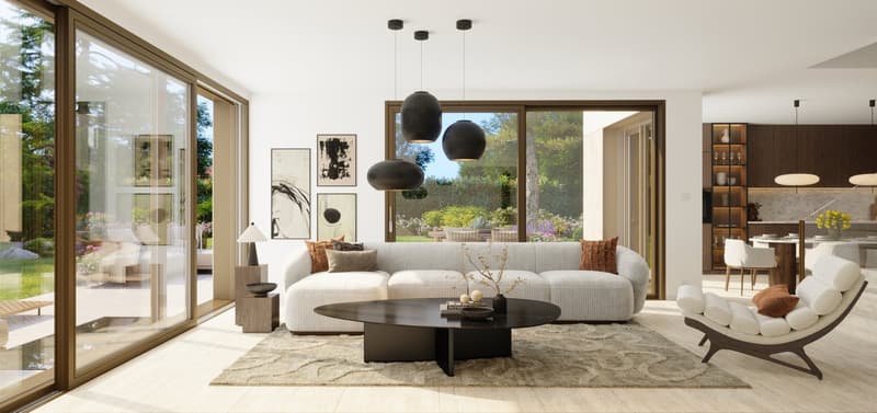 Contemporary living room with large windows and sliding doors, open to terrace and garden view, neutral colors, cozy seating arrangement, modern decor