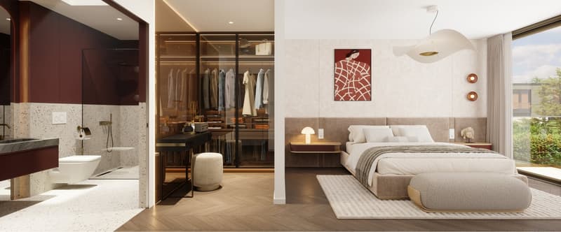 bedroom with bed, nightstand, rug, large windows, wardrobe, en-suite bathroom with toilet, shower, and sink