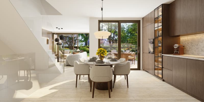 modern style, wooden floor, bright lighting, large dining table, chairs, large windows, garden, terrace, flowers, panoramic view