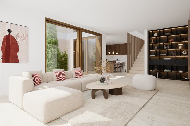 modern design, beige sofa, glass wall, central oval table, ottoman, carpet