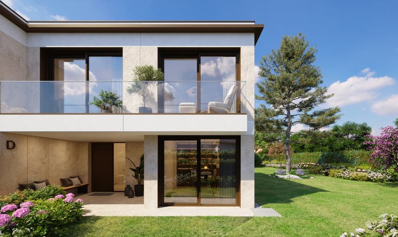 Modern two-story house, raised ground floor, balcony with glass railing, white exterior, large windows, outdoor seating with a bench and pillows, modern plants, garden with flowering plants