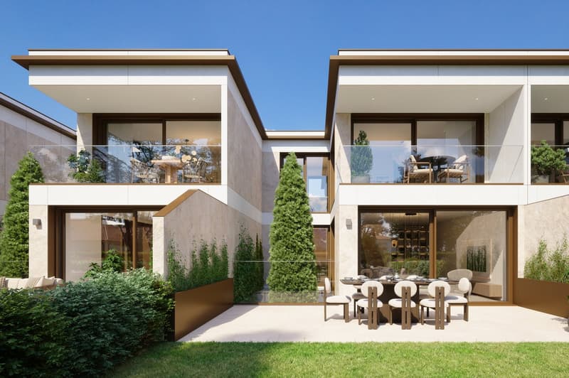 Contemporary style 2-story townhouse, balcony, dining table, garden, open-plan living area, large windows