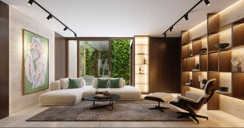 modern sofa, coffee table, floor lamp, large window, decorative pillow, wall painting, wooden shelf
