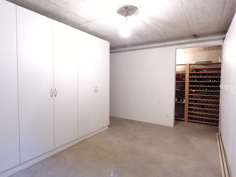 empty room, white cabinets, concrete floor, wine rack, ceiling light