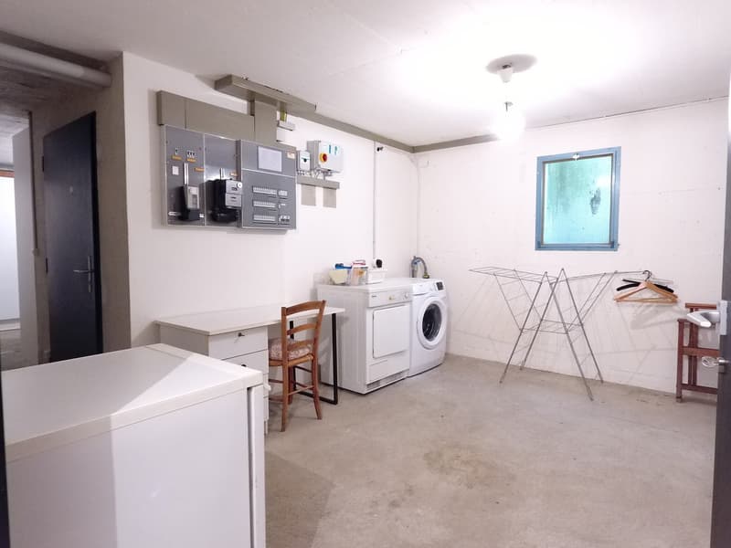 Washing machine, dryer, desk, wooden chair, iron, hanging clothes rack, wooden stand