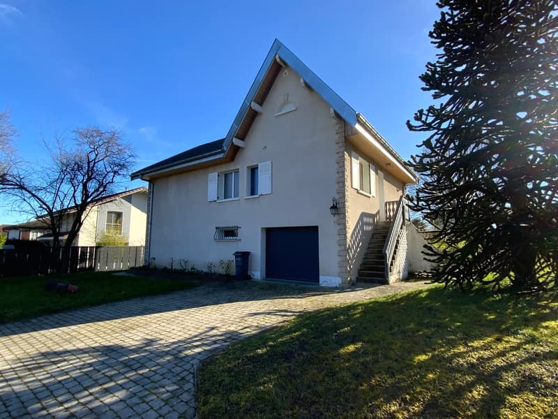 2-story house, white walls, stone chimney, large windows, double garage, concrete driveway, garden, trees