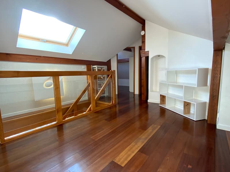 Hardwood floor, skylight, wooden railings, white shelving
