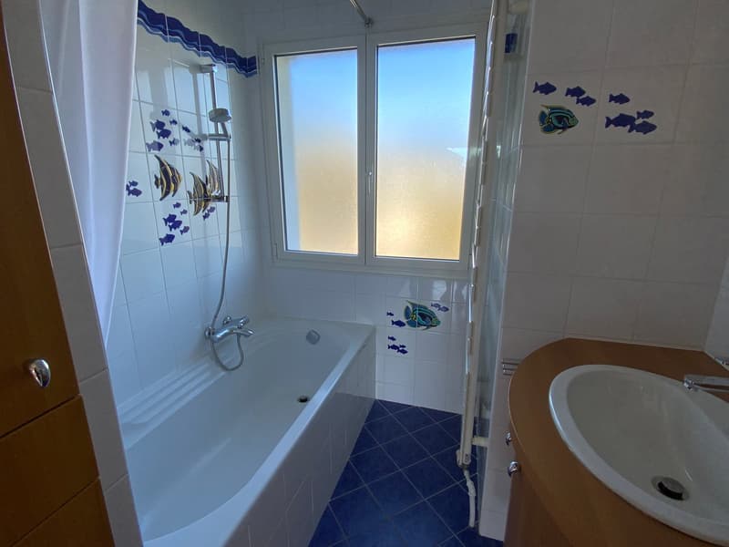 Bathtub, faucet, sink, window, fish design on walls