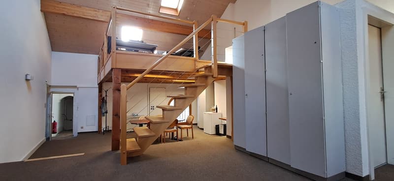 Carpeted floor, wooden structure, stairs, wooden furniture