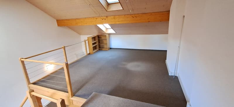 Empty room with wooden floors, white walls, a wooden cabinet, metal railing, and skylights