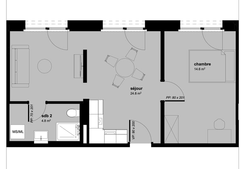 Living room, bedroom, kitchen, shower, washbasin, storage