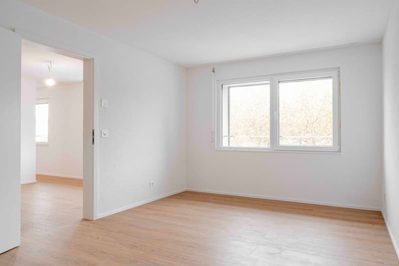 empty room, white walls, wooden floor, large window, open door