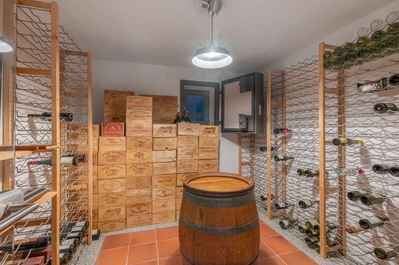 The image shows a wine cellar with wooden wine crates stacked on the walls, a wooden barrel in the center, and wine racks lining the walls. The room also has a dishwasher and a washing machine visible, indicating it may serve additional storage or utility