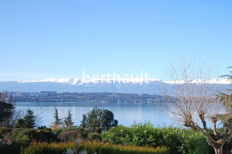 garden with lake view, snow-covered mountains in the distance