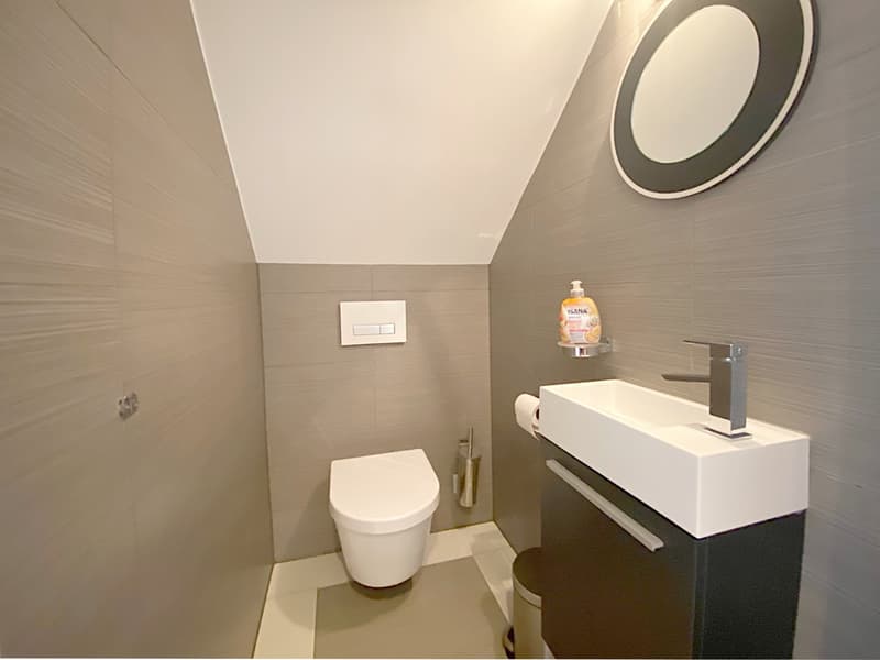 small bathroom with toilet, sink, mirror and wall-mounted toilet paper holder
