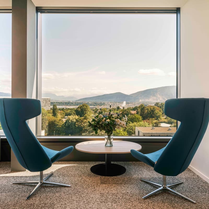Spacious living room with large windows offering a scenic view of the surrounding city and mountains. Two comfortable blue swivel chairs are positioned around a round wooden table, with a vase of flowers adding a decorative touch.