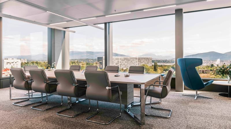 Large conference room with floor-to-ceiling windows offering a panoramic view of the city skyline and mountains. The room features a long wooden table surrounded by comfortable leather chairs, as well as a single blue armchair. The lighting is provided by