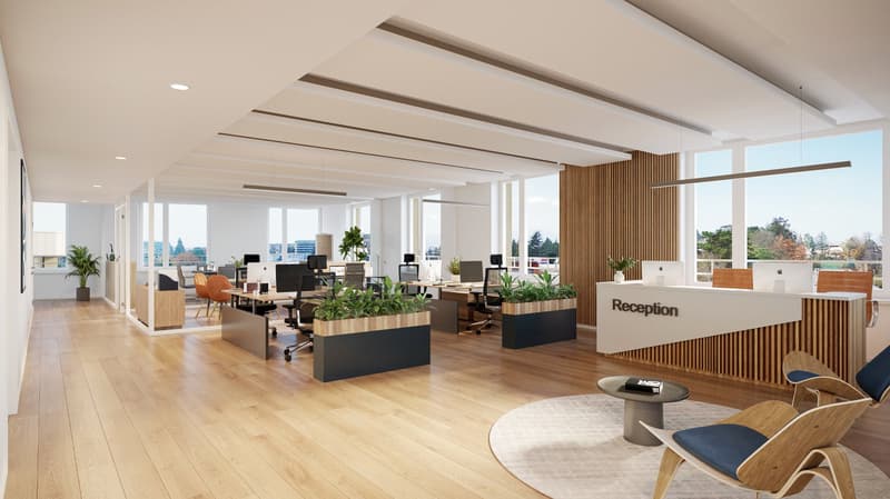 Spacious open-plan office with wooden beams, large windows, reception desk, desks with computers, and potted plants throughout the space.