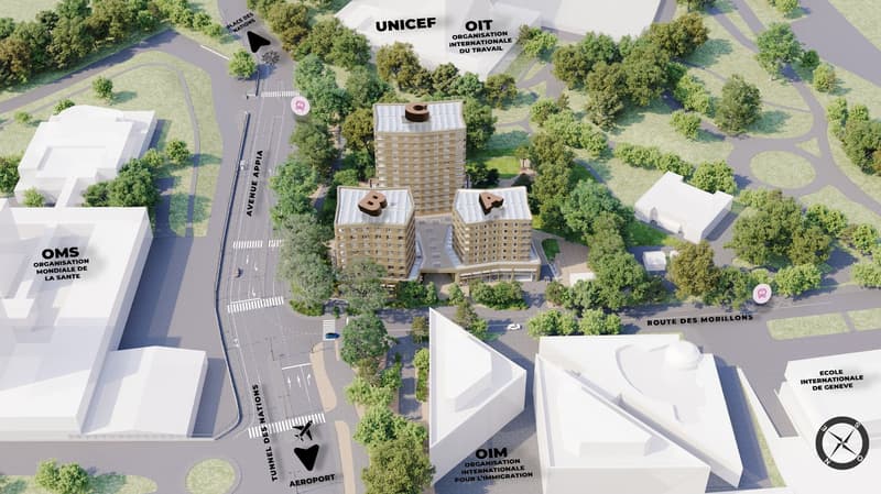 Aerial view of a complex of multi-story buildings, including the UNICEF and OIT (Organisation Internationale du Travail) offices, as well as the OIM (Organisation Internationale pour l'Immigration) and the Ecole Internationale de Genève. The buildings are