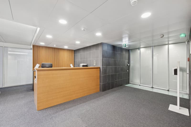 Open space office, wooden counter, reception area, modern design, glass partitions, grey carpet flooring, built-in office furniture, no visible windows, ceiling-mounted lights