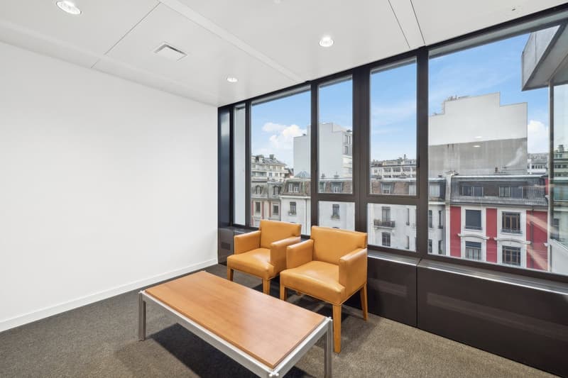 Minimalistic interior, wooden table, brown chairs, large windows, modern office design, city view