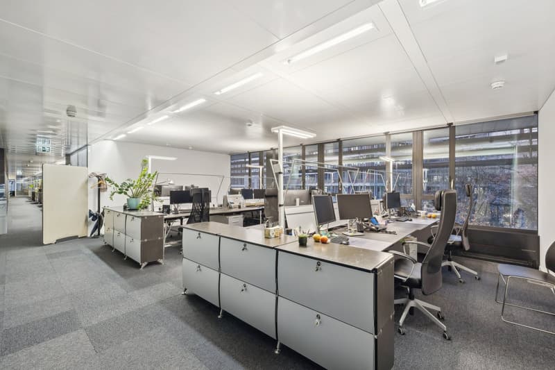 modern office with many computers, glass windows, plants, cabinets, chairs, table, lamps
