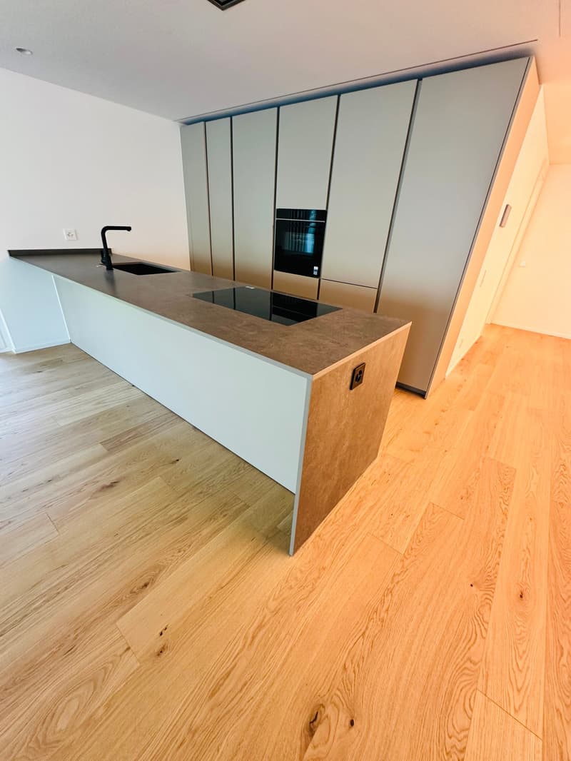 modern kitchen with island, wooden floor, white cabinets, black countertops, built-in oven, double sink