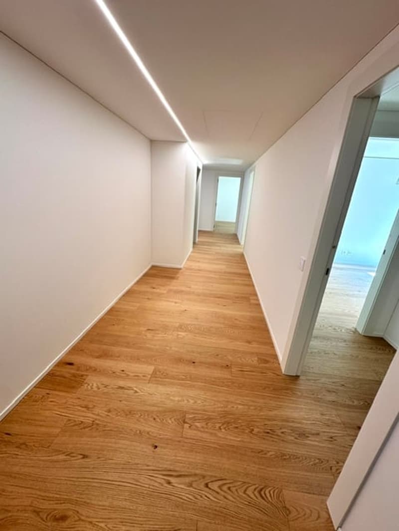 Empty hallway with wooden floor and white walls