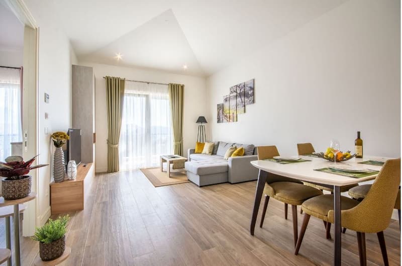 wooden floor, sofa, coffee table, dining table, floor lamps, television, plants, windows