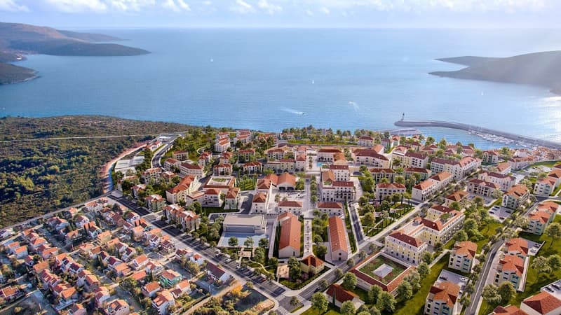 Modern houses in a coastal town, buildings, roads, greenery, ocean view