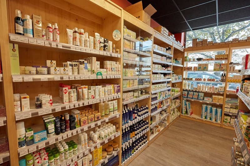 Wooden shelves with skincare and bodycare products