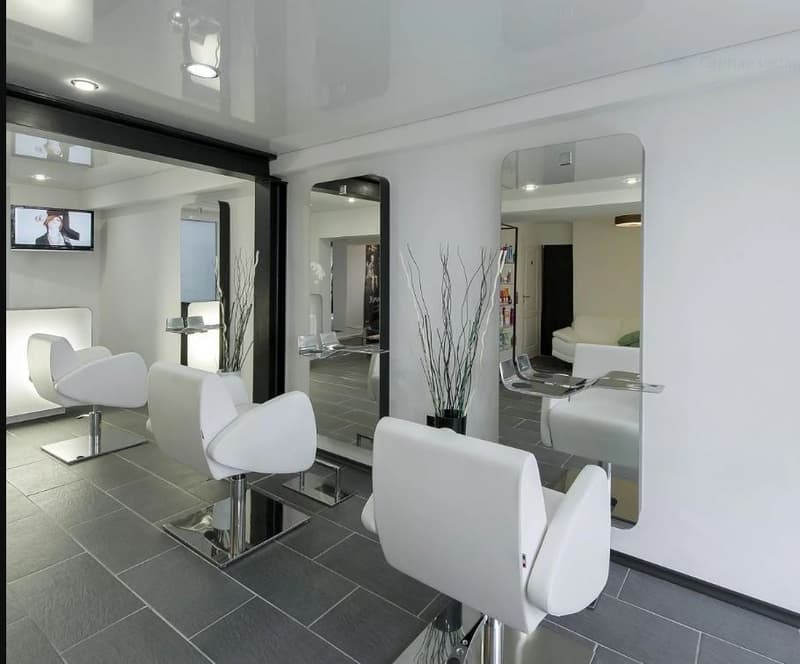 Spacious hair salon with modern, minimalist decor. White chairs and tables, black and gray tile flooring, large mirrors, and decorative branches. Appears to have a dishwasher visible in the background.
