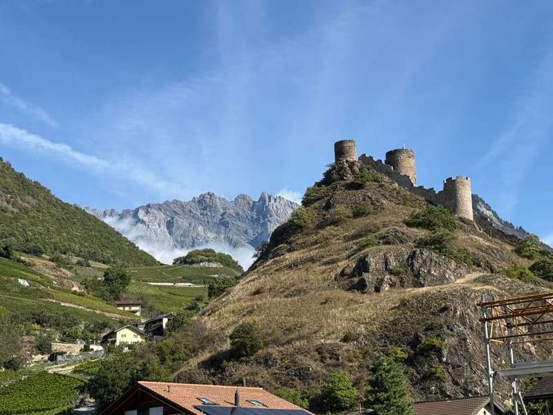 A castle stands on top of a hill overlooking terraced vineyards and a valley with mountains in the background.