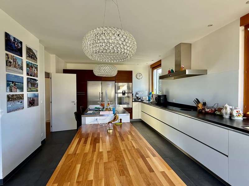 modern kitchen, large wooden table, chandelier, white cabinets, black countertops, stainless steel appliances