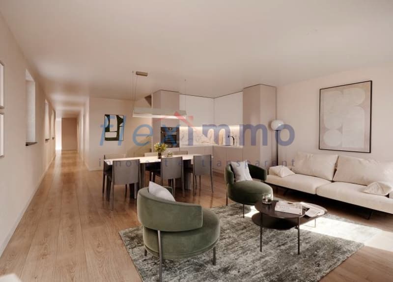 Image non contractuelle / a living room and kitchen in a modern apartment with white furniture