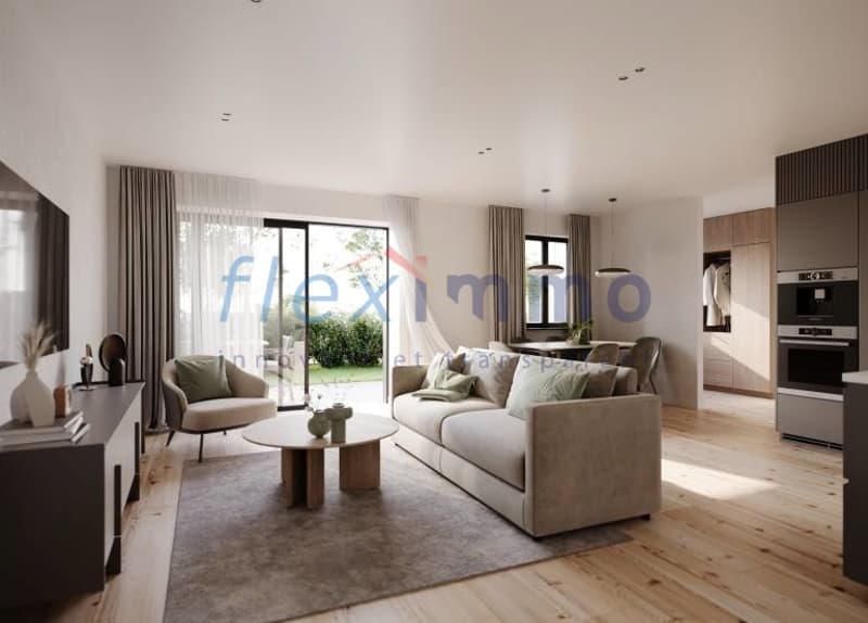Image non contractuelle / a living room and kitchen in a modern apartment with large open windows