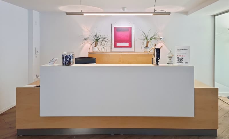 The image shows a modern and minimalist office reception area. The main feature is a large white reception desk with a wooden front panel. On the desk, there are various decorative items such as plants, a framed artwork, and a small figurine. There is als