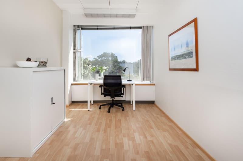 Bright and spacious office space with large windows overlooking the outdoors, hardwood flooring, a desk with a computer chair, and a cabinet for storage. The room has a minimalist and modern design aesthetic.