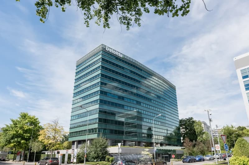 A modern, multi-story office building with a glass facade and the Deloitte logo prominently displayed. The building is surrounded by trees and has a parking area in front.