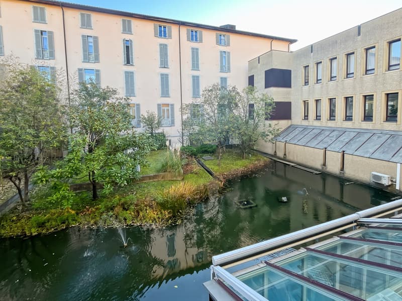 Outdoor view of two buildings with trees, a canal, and a garden in front