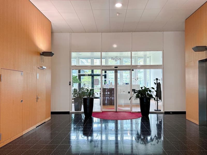 The image shows the lobby or entrance area of a building. The space features a tiled floor, large windows, and potted plants placed on either side of the entrance. The walls are made of wood paneling, and there is a red carpet leading to the entrance. The