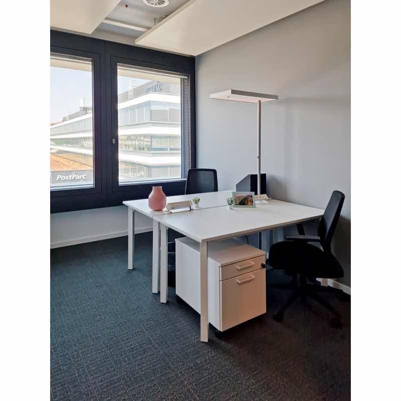 An empty office room with a desk, a filing cabinet, and two black chairs. One of the walls has two large windows, a lamp, a vase, and some picture frames. The floor is covered in carpet.