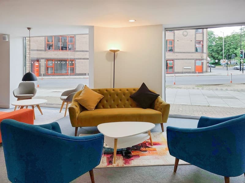 Modern room with white walls, beige floor, bright light, glass windows, view of the street, brown velvet sofa with two yellow and one black cushions, blue and gray chairs, white and blue tables, colorful rug
