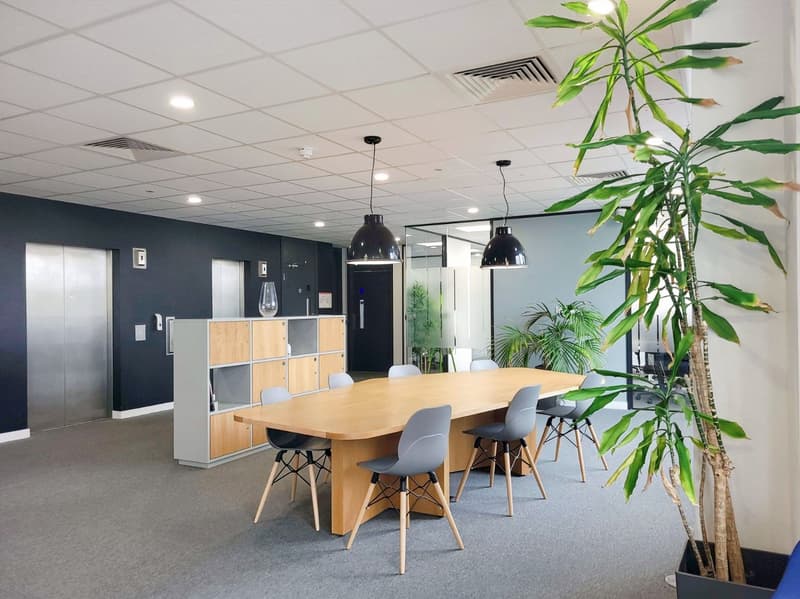 Conference table, wooden chairs, gray walls, silver elevator, hanging lamps, plants